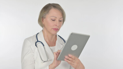 Old Female Doctor using Digital Tablet on White Background