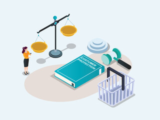 Consumer protection isometric vector concept. Woman with shopping cart, gavel, and a book of law
