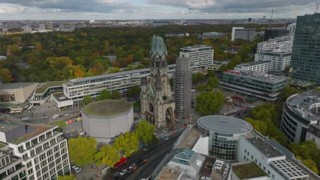 Aerial view of der hohle Zahn. Historic remains of old church damaged by bombing during WWII. Charlottenburg neighbourhood, Berlin, Germany