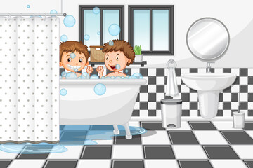Glückliche Kinder, die Blasen in der Badewanne spielen