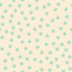 Pastel retro snowflakes Christmas seamless pattern. Light blue and cream winter holiday gift wrap design. Falling snow confetti vintage background.