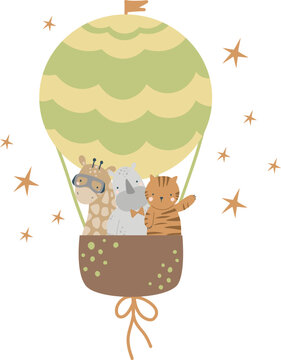 Safari animals on a hot air balloon, giraffe, rhinoceros, tiger, vector illustration for design, print