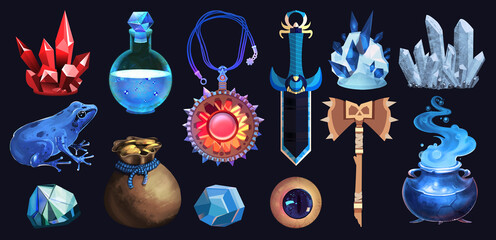 A set of fantasy gaming props. Orc axe, crystals, necromancer dagger, poisoned frog, boiling cauldron, winter potion, iridescent amulet, bag of gold coins, blue eye. Ingredients for potions, weapons.