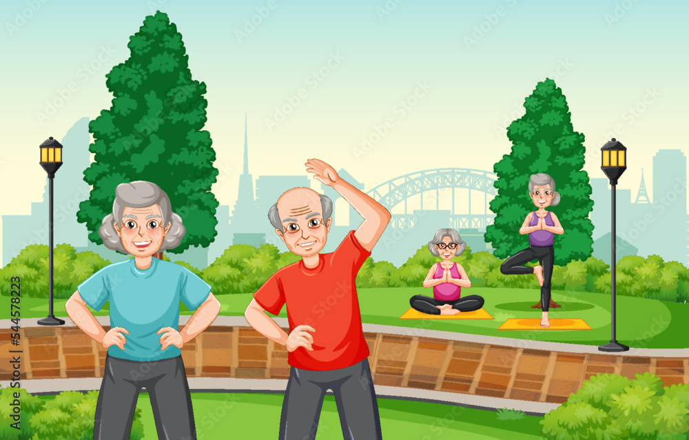 Wall mural Senior people doing exercise at park