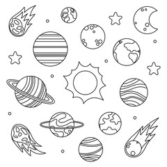 Solar system doodles isolated on a white background. Planets, asteroids, comet, stars, sun and moon. © v.iraa