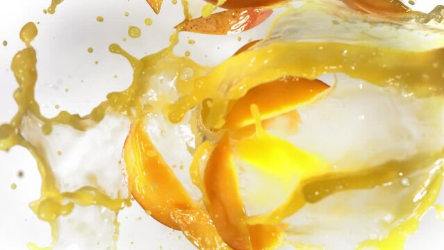 Slow Motion of Explosion Mango Slices and Burst Juice