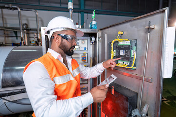 Electrical engineer inspection control panel and commissioning during pressure steam drum shutdown