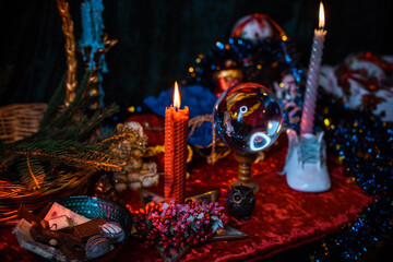 Naklejka premium Concept of Christmas atmosphere, divination, fate predictions, magical ball and other magic. Illustration of magical Holidays aesthetic