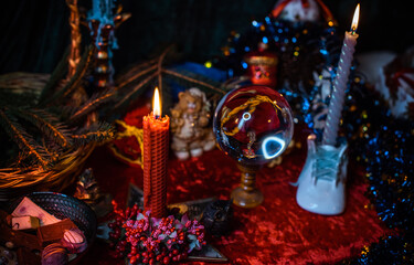 Concept of Christmas atmosphere, divination, fate predictions, magical ball and other magic....
