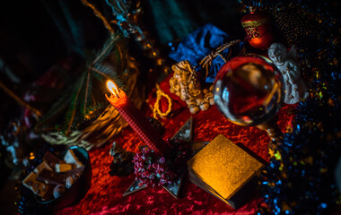 Fototapeta na wymiar Concept of Christmas atmosphere, divination, fate predictions, magical ball and other magic. Illustration of magical Holidays aesthetic