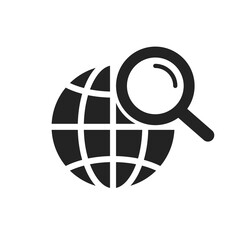 Planet with magnifier line icon. Geography, map, globe, search, internet, online, www, worldwide web, geolocation. Technology concept. Vector black line icon on white background