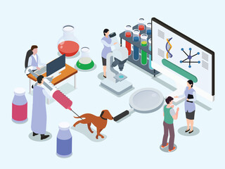 Animal experiments or testing with scientists working in the laboratory