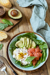Ketogenic, keto or paleo diet. Delicious breakfast or lunch bowl with salted salmon fish, avocado, boiled egg and spinach on a rustic table.