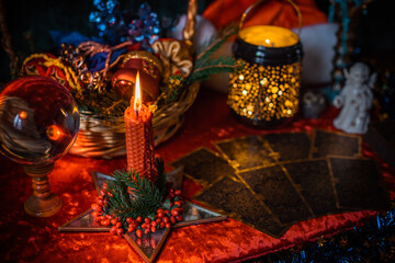 Concept of Christmas atmosphere, divination, fate predictions, magical ball and other magic. Illustration of magical Holidays aesthetic