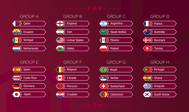 World Football Championship 2022. Table of national teams by groups. Vector illustration