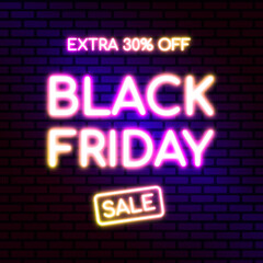 Obraz premium Black Friday design in fashionable neon style for advertising, banners, leaflets and flyers. Text is in pink and yellow colors. On brick wall background. Vector illustration.