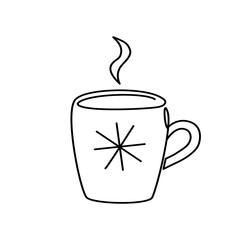 Warm or hot winter drink in a mug with snowflake. Cup of hot coffee with steam symbol. Outline vector illustration