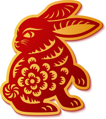 Luxury golden red Chinese style paper cut relief art of rabbit