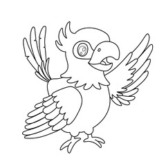 Line parrot bird standing and wave wing. Outline cartoon character isolated on white for coloring book