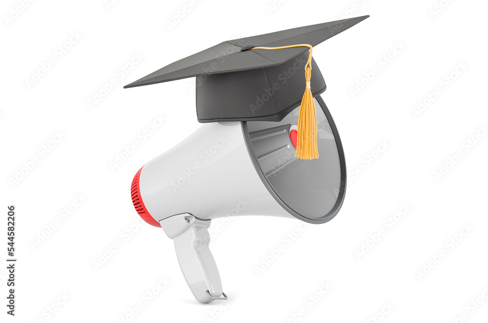 Poster megaphone with graduation cap. 3d rendering