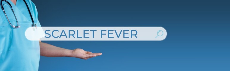 Scarlet fever. Doctor stretches out hand. Browser search with text hovers over it. Medicine online...