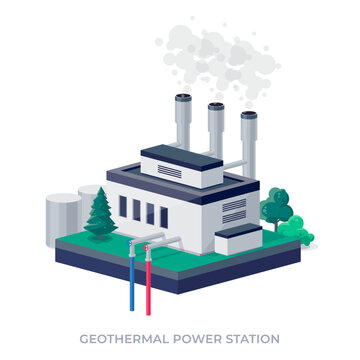 Geothermal clean power plant station building factory. Renewable sustainable earth heat steam turbine energy generation with drill and city skyline. Isolated vector illustration on white background.