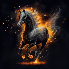 Obraz na płótnie Canvas Blazing black horse in dynamic pose. Creative Ai generated illustration