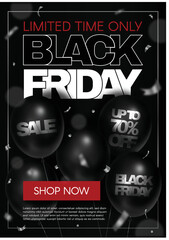 Black Friday. Sale discounts of up to 70%. Vertical banner with black balloons and text. Vector modern trendy 3D illustration.