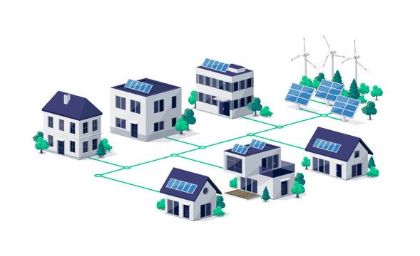 Residential city town buildings connected to renewable solar wind power generation stations. Photovoltaic panels on house roof. Green smart cloud management sustainable electricity grid system. 