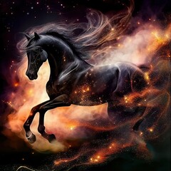 Obraz na płótnie Canvas Blazing black horse galloping through a smoke. creative AI generated illustration