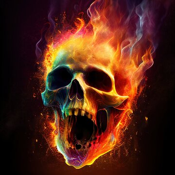 Screaming skull with bright blazing fire flames