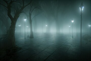 Dark empty street in the fog, Ai generated illustration