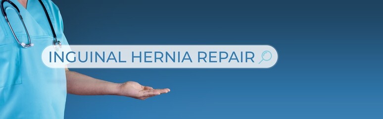 Inguinal hernia repair. Doctor stretches out hand. Browser search with text hovers over it....