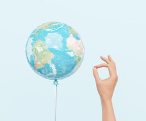 3D rendering of crop person pricking globe balloon with pin