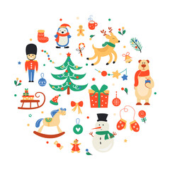 New Year and Christmas collection of characters and winter elements in circular shape. illustration.