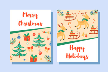 Christmas and New Year cards with cute characters and elements. illustration.