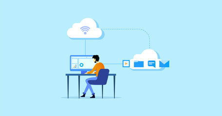 Cloud and internet connectivity. Internet technology and communication concept. Internet of things flat vector illustration. Person working with multimedia.