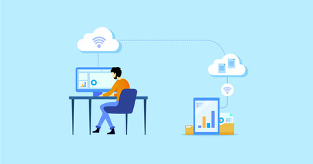 Cloud and internet connectivity. Internet technology and communication concept. Internet of things flat vector illustration. Person working on a computer.