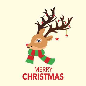 Reindeer head with horn decoration in flat design. Merry Christmas festival celebration concept vector. Season greetings.