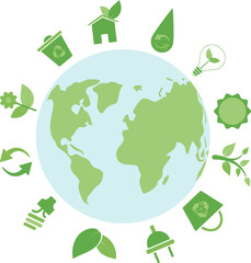 Cartoon Ecology Signs Green Icons Set Ecological Power Concept Flat Design Style. illustration of Eco Symbol Icon
