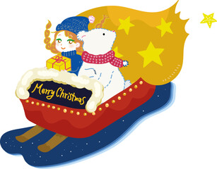 クリスマスのプレゼントを届ける女の子と白くまのサンタクロースのデフォルメイラスト