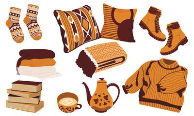 cute and cozy design elements for the autumn. pillow, teapot, sweater, socks, scarf, books, a tea cup, and a set of books. collection on a white background, isolated