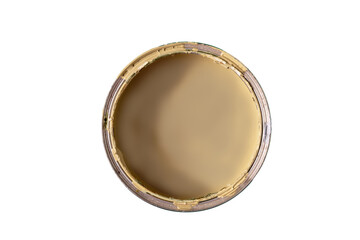 Open can with yellow paint on white background, top view