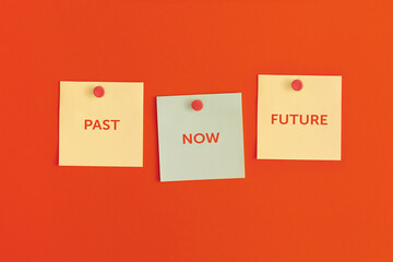 Mock up sticky notes on red background. Past, now, future, time concept.