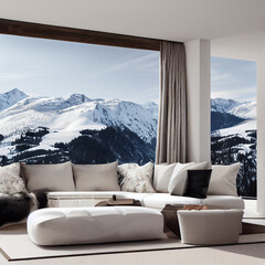 living room with a mountaiins view at winter
