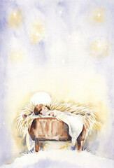 watercolor illustration. Christian Christmas, baby Jesus in a manger on a white background. for printing postcards
