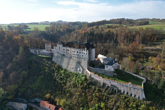 Cesky Sternberk castle, aerial panorama landscape view of this old well fortified medieval castle,Czech republic,Europe