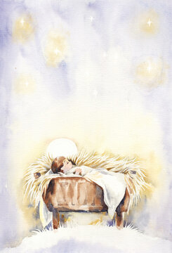 watercolor illustration. Christian Christmas, baby Jesus in a manger on a white background. for printing postcards