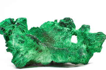 Vibrant green copper mineral malachite in velvet form highly structured, deep green velvet malachite crystal mineral stone macro close up isolated on a white background surface 