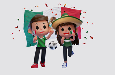 3d rendering illustration of Mexico soccer, football fans characters celebrating on white background
